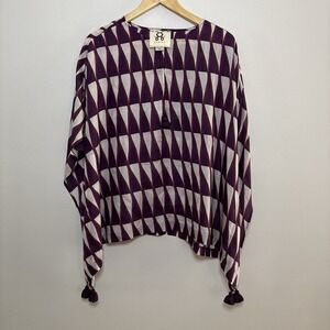 Figue Kaftan 100% Silk Top Purple White XS/S Geometric Tassel Chic Poncho Classy
